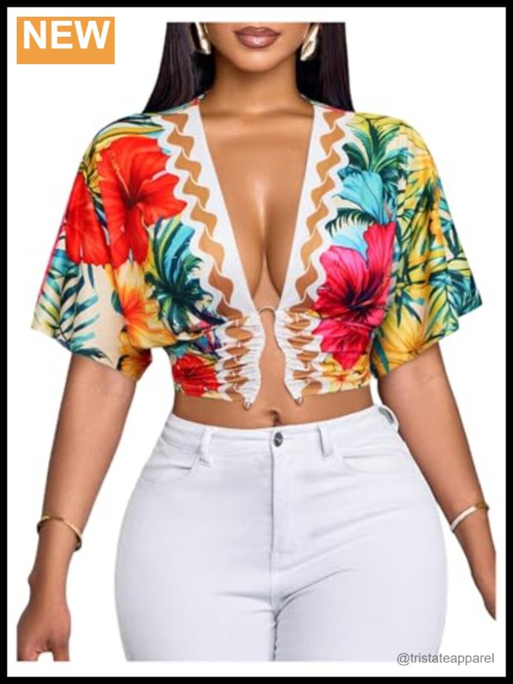 Milumia Women's Tropical Floral Cropped Blouse Deep V Neck Vacation Tops
